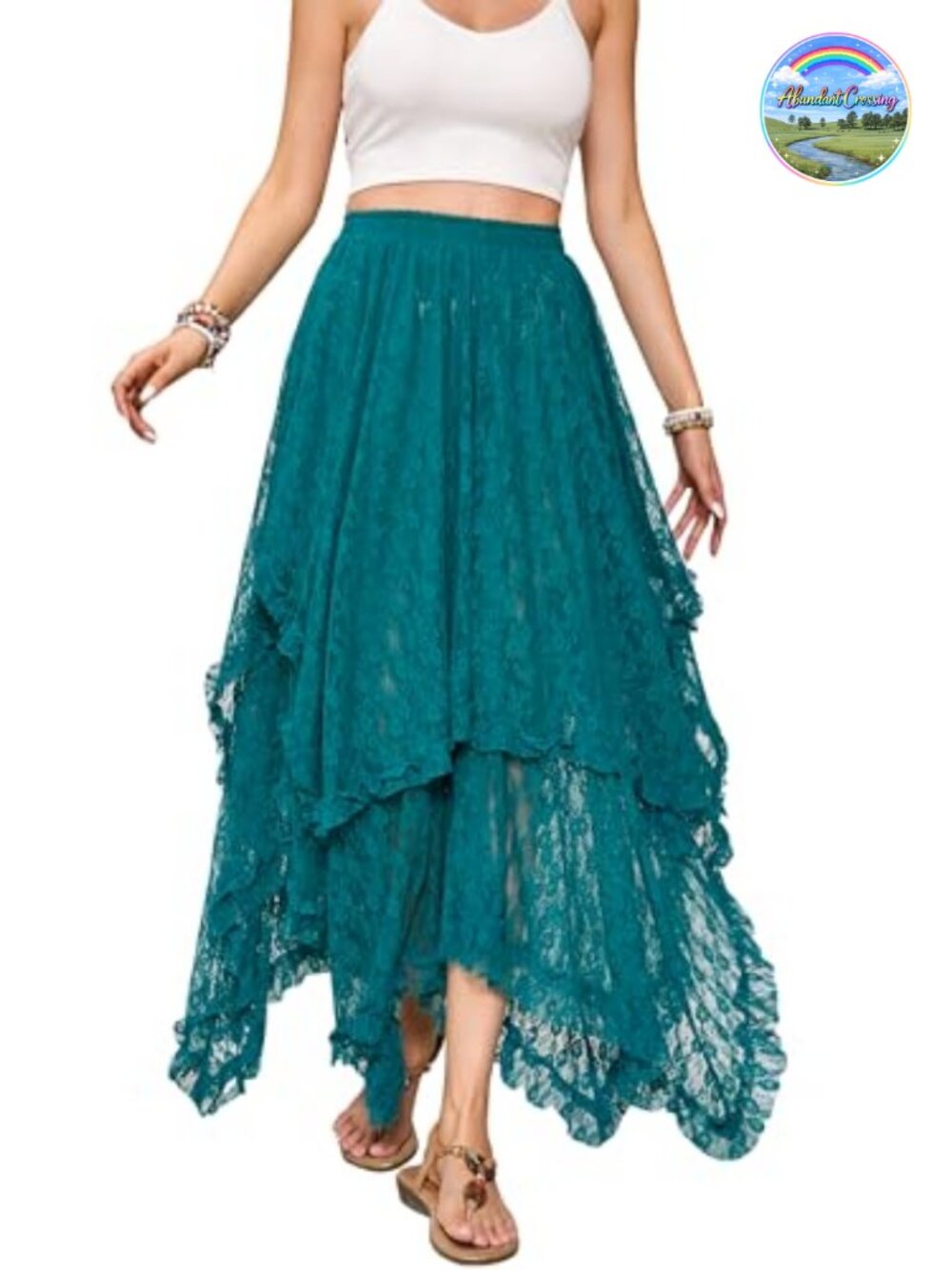 Lace Floral Maxi Skirt Handkerchief Hem Semi-Sheer Cover Up